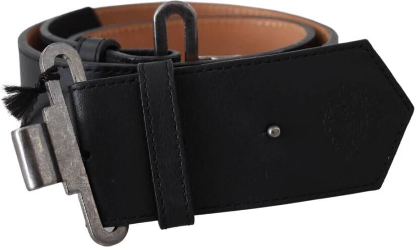 Ermanno Scervino Black Leather Vintage Military Buckle Waist Belt Zwart Dames