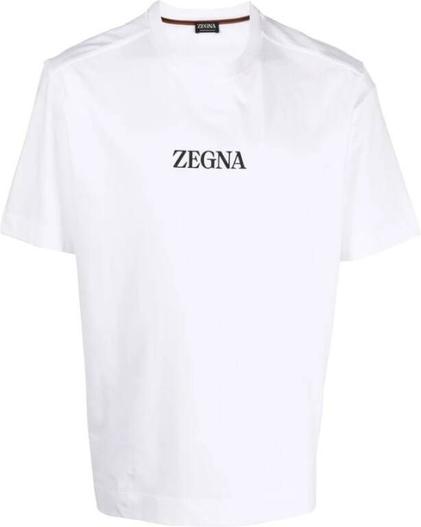 Ermenegildo Zegna Witte Katoenen T-shirt met Logo Tekst en Parallele Strepen White Heren