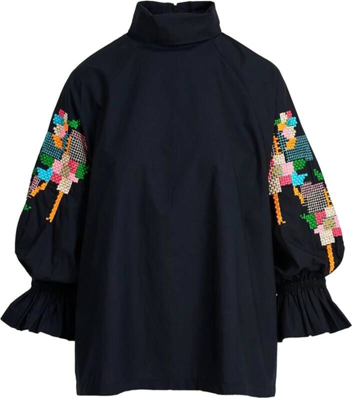 Essentiel Antwerp Eleanor Top Zwart met Kleurrijk Borduurwerk Zwart Dames