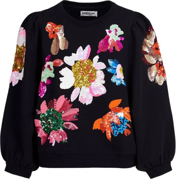 Essentiel Antwerp Zwarte Trui met Wit Geborduurde Bloemen Brown Dames Kledingwinkel