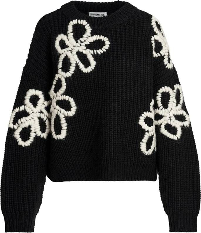 Essentiel Antwerp Oversized Ribgebreide Trui met Geborduurde Bloemen Zwart Dames