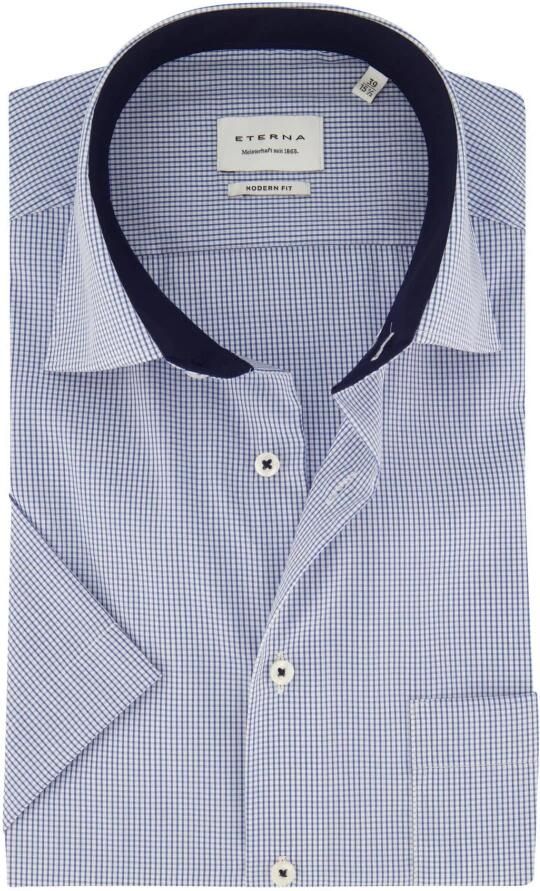 Eterna Blauw geruit overhemd korte mouw Multicolor Heren
