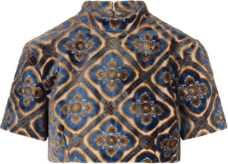 ETRO Blauwe Jacquard Velvet Crop Top met Ornamentale Medaillon Motieven Blauw Dames