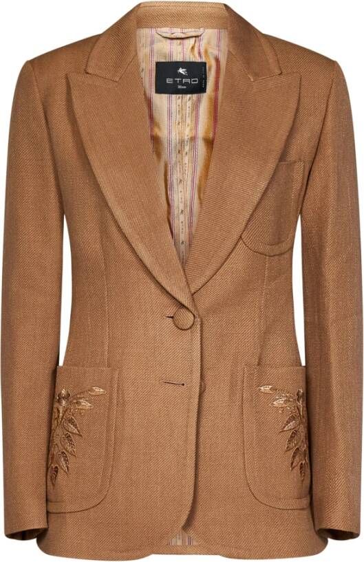 ETRO Beige Slim Fit V-Hals Jas met Bloemenborduursel Beige Dames