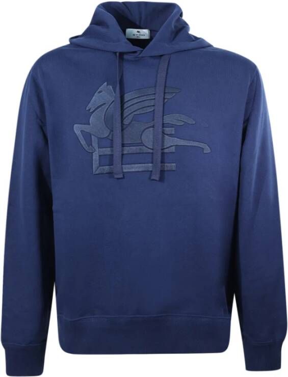 ETRO Blauwe Pegaso Logo Sweater Capuchon Geribbeld Blue Heren
