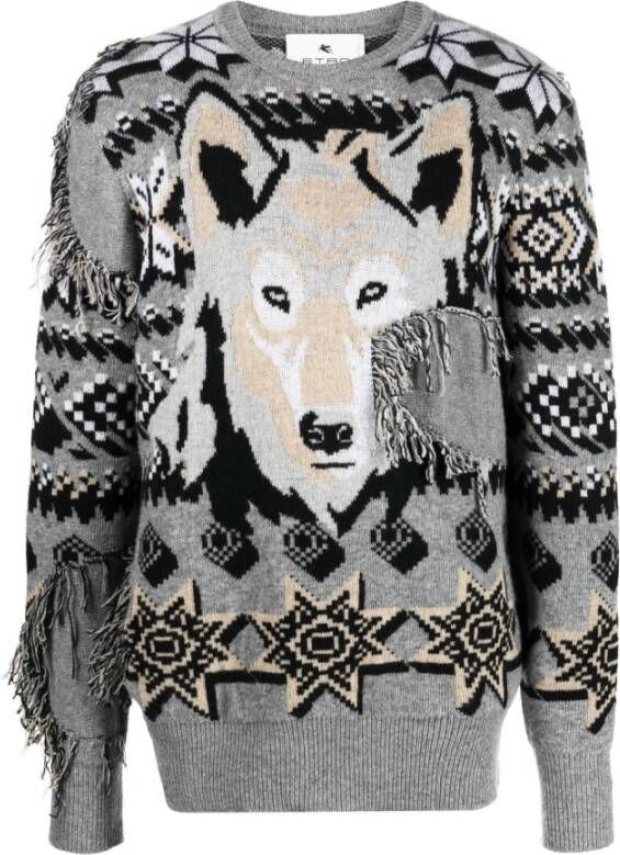 ETRO Grijze Geborduurde Crew-Neck Trui Grijs Heren