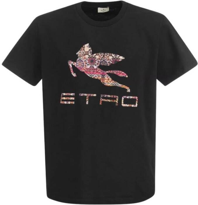 ETRO T-shirt met logo en pegasus Zwart Heren