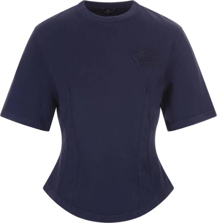 ETRO Blauwe Katoenen Jersey Crop T-shirt met Pegasus Logo Blue Dames