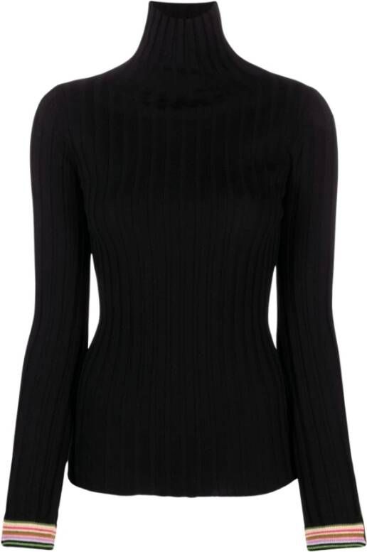 ETRO Zwarte geribbelde trui met veelkleurige gestreepte manchetten Black Dames