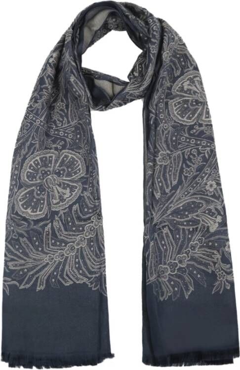 ETRO Blauwe Sjaal met Bloemen en Franjes Blue Heren