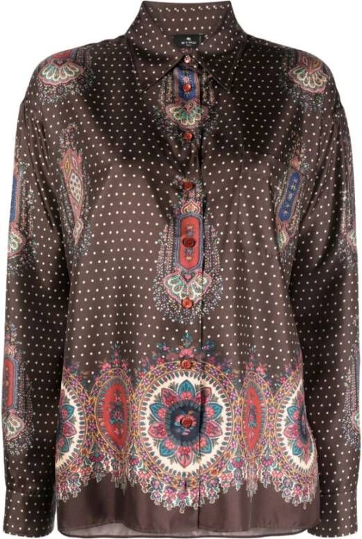 ETRO Zijden Mix-Print Puntkraag Shirt Brown Dames