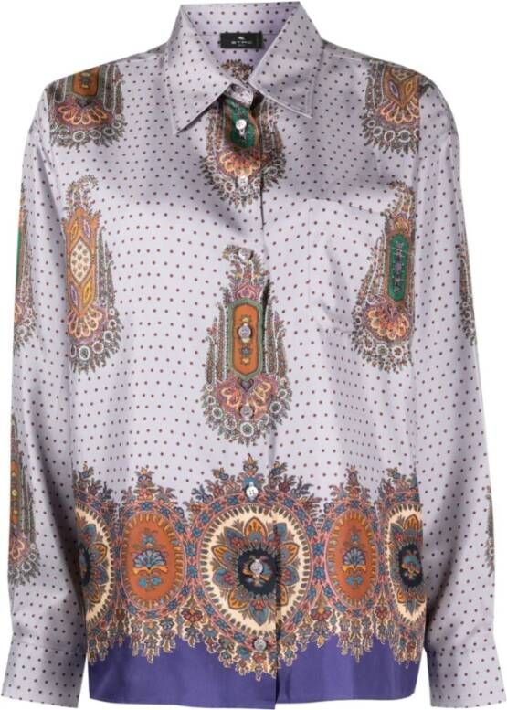 ETRO Zijden Mix-Print Overhemd met Puntige Kraag Purple Dames