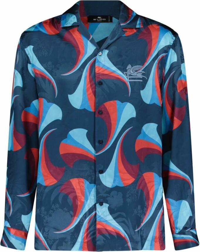 ETRO Zijden Overhemd met Abstract Patroon en Logo Applicatie Blauw Heren