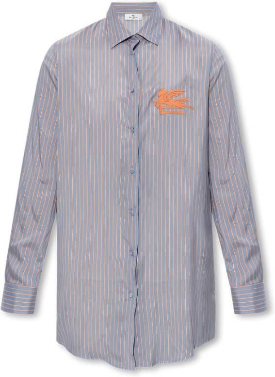 ETRO Gestreepte zijden overhemd met geborduurd logo Blue Dames