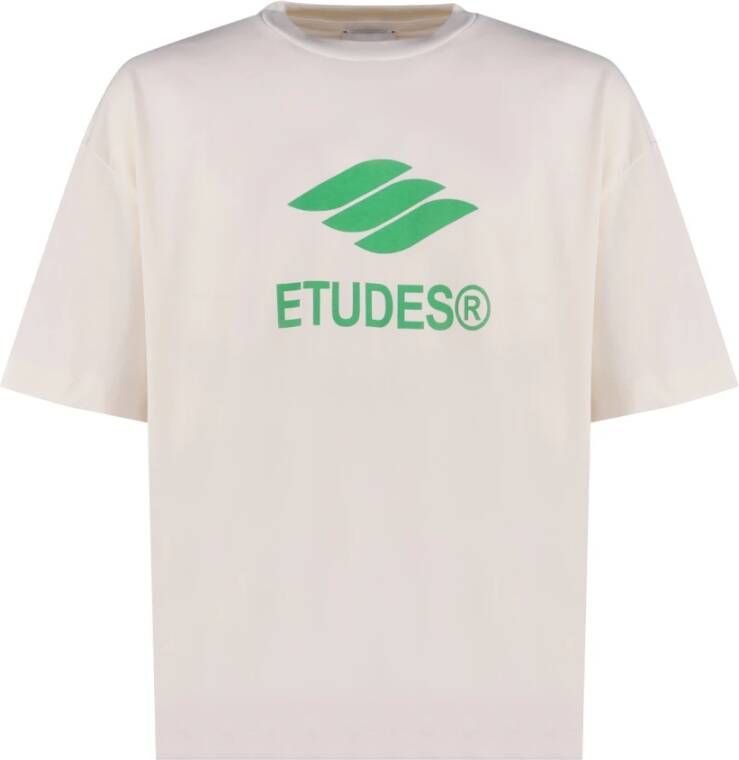 Études Wit Logo Print Katoenen T-Shirt Beige Heren
