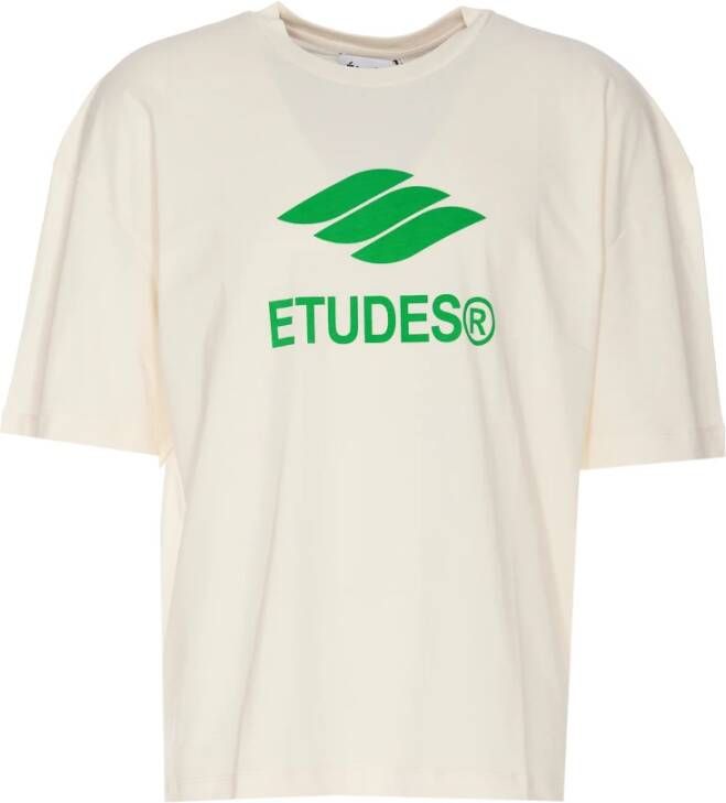 Études Wit Logo Print Katoenen T-Shirt Beige Heren