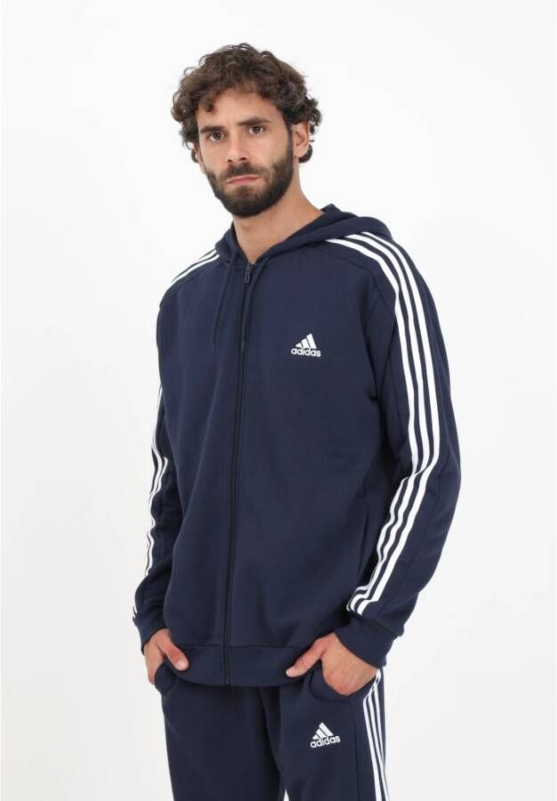 Adidas Essentials Fleece 3-Stripes Rits Sweater Blauw Heren