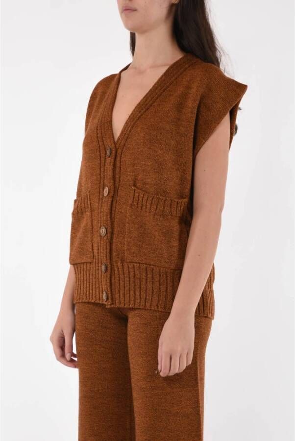 Akep Mouwloze V-hals Vest van Wolmix Brown Dames
