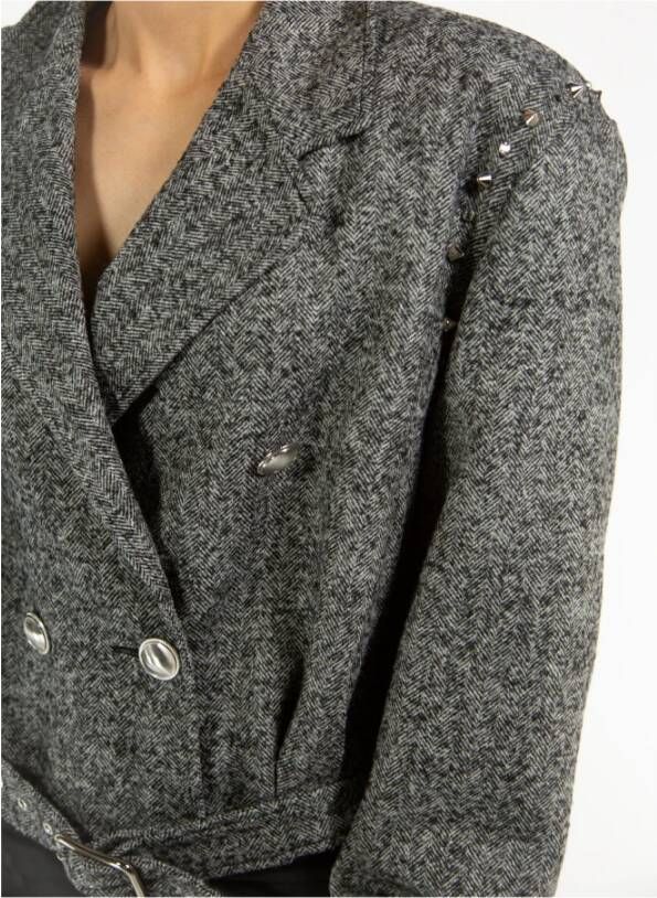 Alessandra Rich Cropped Herringbone Wool Tweed Bomber Gray Dames