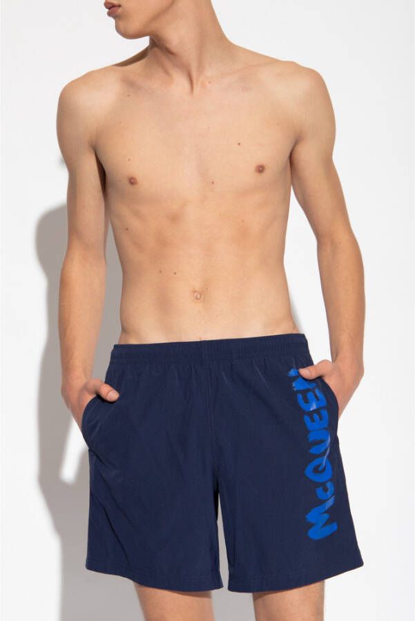 alexander mcqueen Strandkleding Shorts met Elastische Taille en Logo Print Blauw Heren