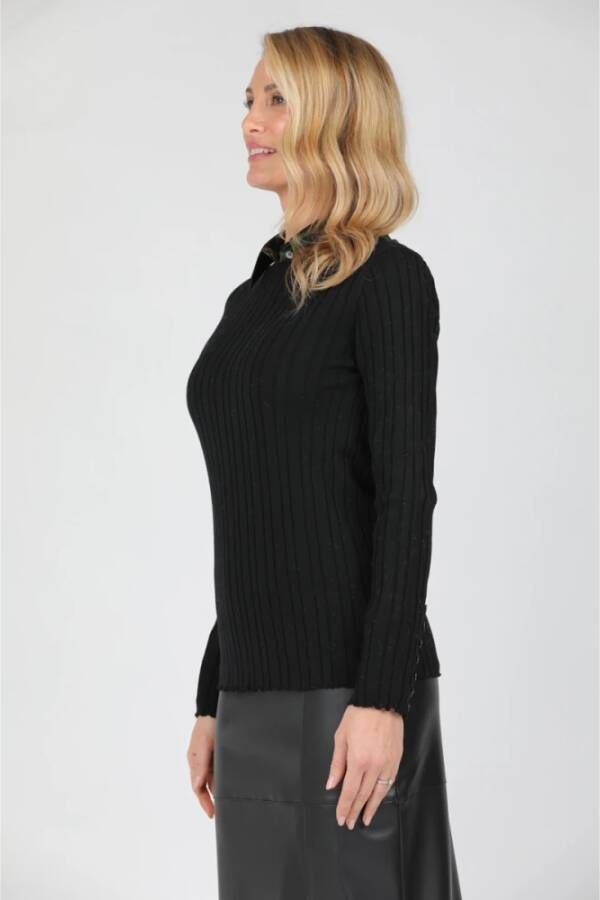 Alpha Studio Top met lange mouwen en boothals met knoopdetail Black Dames