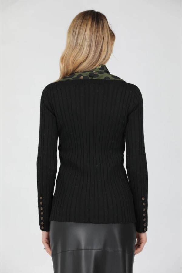 Alpha Studio Top met lange mouwen en boothals met knoopdetail Black Dames