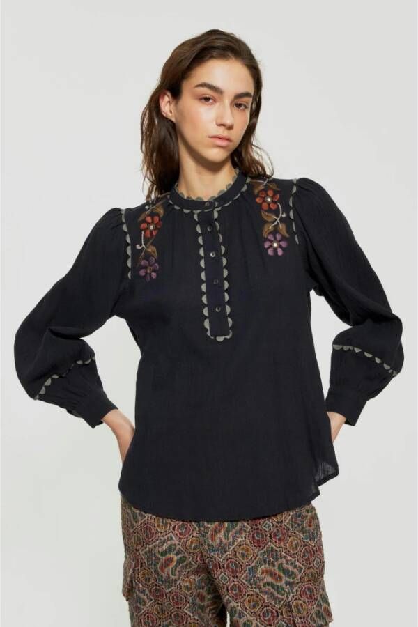 Antik batik Geborduurde katoenen crêpe blouse Zwart Dames