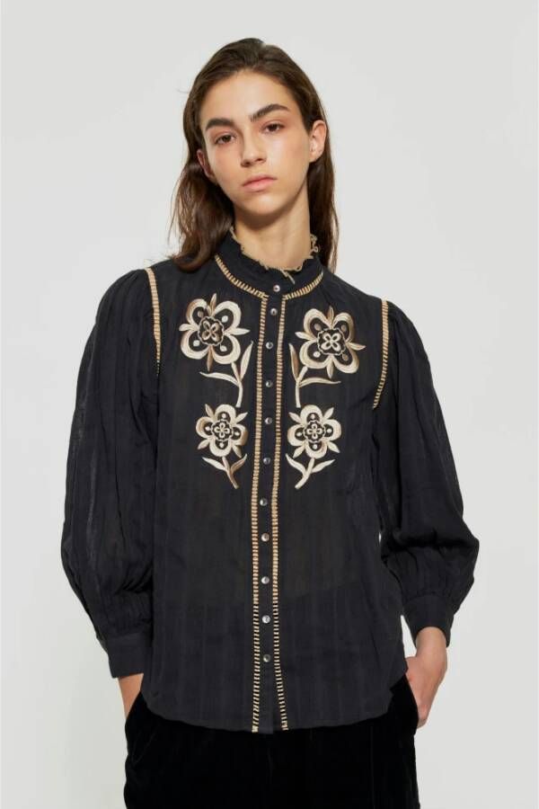 Antik batik Geborduurde katoenen crêpe blouse Zwart Dames