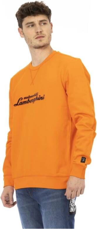 Automobili Lamborghini Orange Cotton Sweater with Crewneck Front Print and Logo Insert on Sleeve Oranje Heren