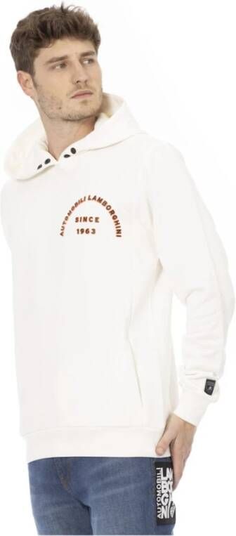 Automobili Lamborghini White Cotton Hoodie with Front Print and Logo Insert on Sleeve Wit Heren