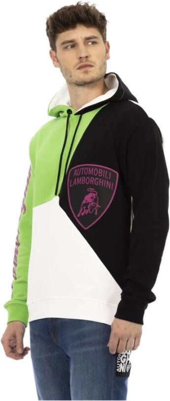 Automobili Lamborghini White Cotton Sweater with Hood and Drawstring Maxi Shield Logo 100% Cotton Wit Heren