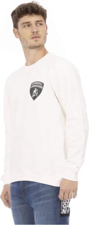 Automobili Lamborghini White Cotton Sweater with Shield Logo Print and Rear Lettering Wit Heren