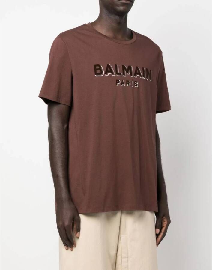 Balmain Bruine Flocked Logo T-Shirt Brown Heren