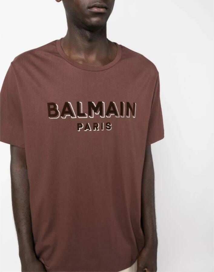 Balmain Bruine Flocked Logo T-Shirt Brown Heren