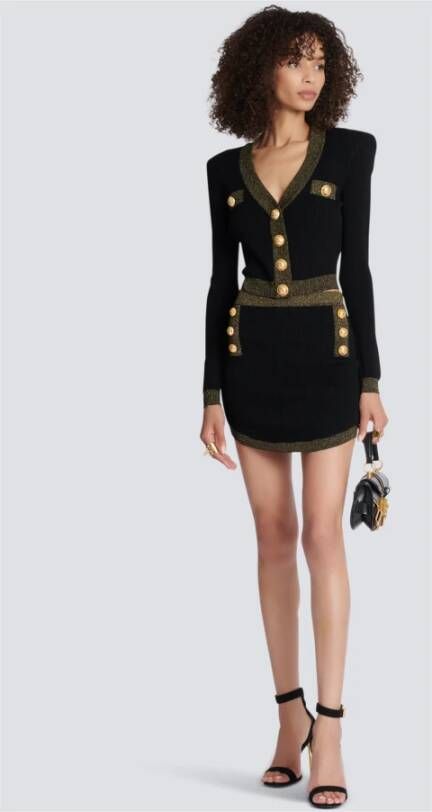 Balmain Cropped knit cardigan with gold trim Zwart Dames