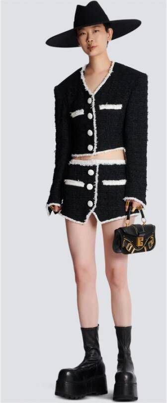 Balmain Veste courte en tweed à détails contrastés Zwart Dames