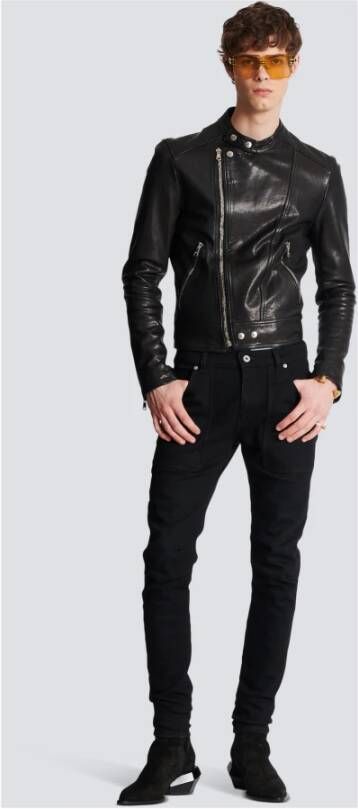 Balmain Zipped leather biker jacket Zwart Heren