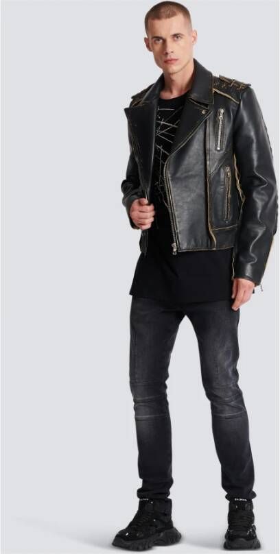 Balmain Deconstructed leather biker jacket Zwart Heren