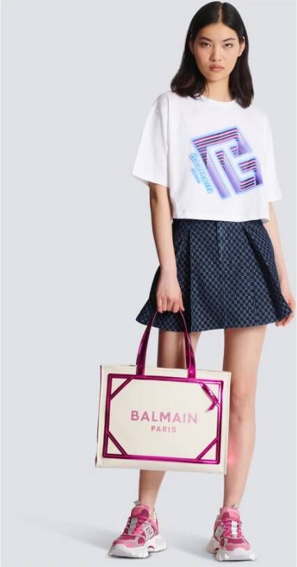 Balmain Crop T-shirt met neon bedrukt labyrintlogo Wit Dames