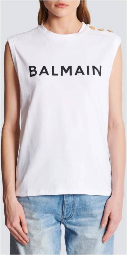 Balmain Eco-verantwoord katoenen T-shirt met logo print Wit Dames