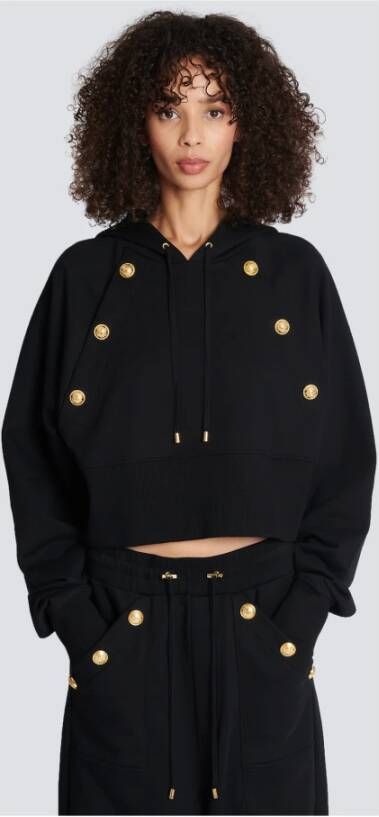 Balmain Eco-verantwoorde cropped katoenen sweatshirt met gouden knopen Zwart Dames