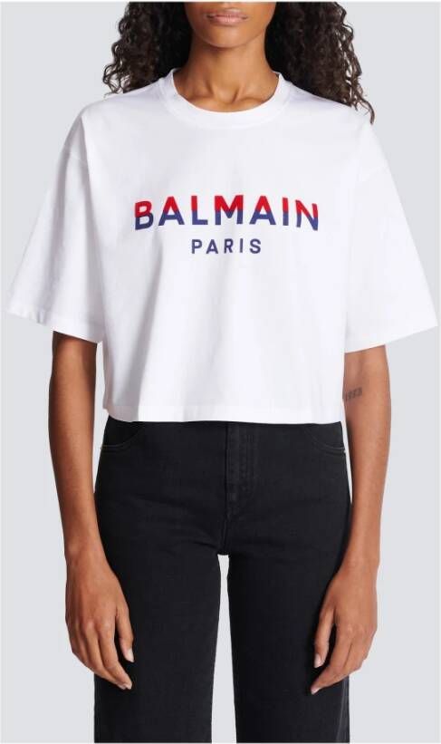 Balmain Flocked Paris cropped T-shirt Wit Dames
