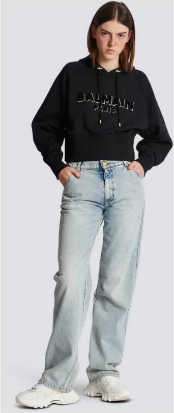 Balmain Cropped cotton sweatshirt with flocked metallic logo Zwart Dames