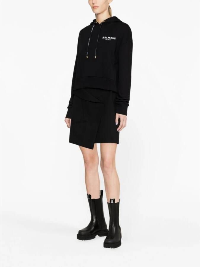 Balmain EAB Noir Blanc Flock Detail Cropped Hoodie Zwart Dames