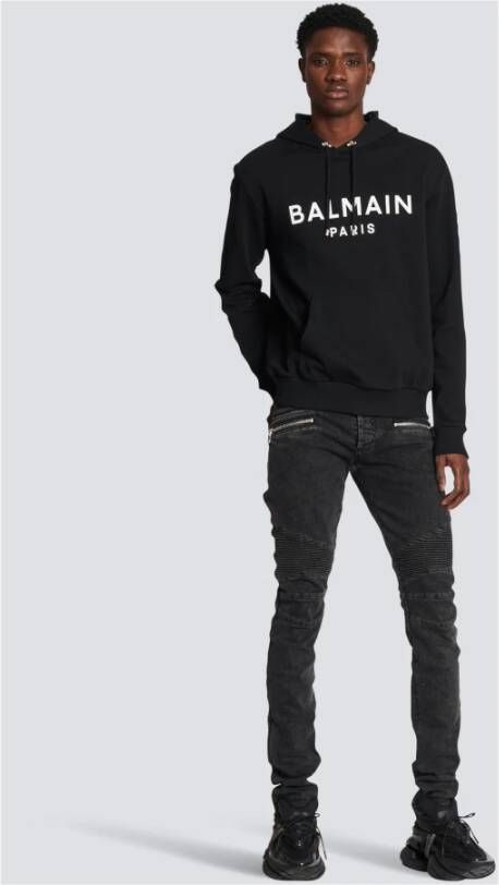 Balmain Cotton printed logo hoodie Zwart Heren