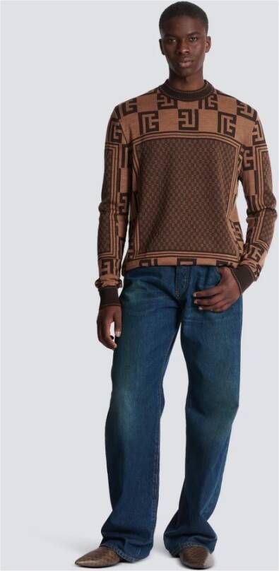 Balmain Jacquard Mini Monogram Sweater Bruin Heren