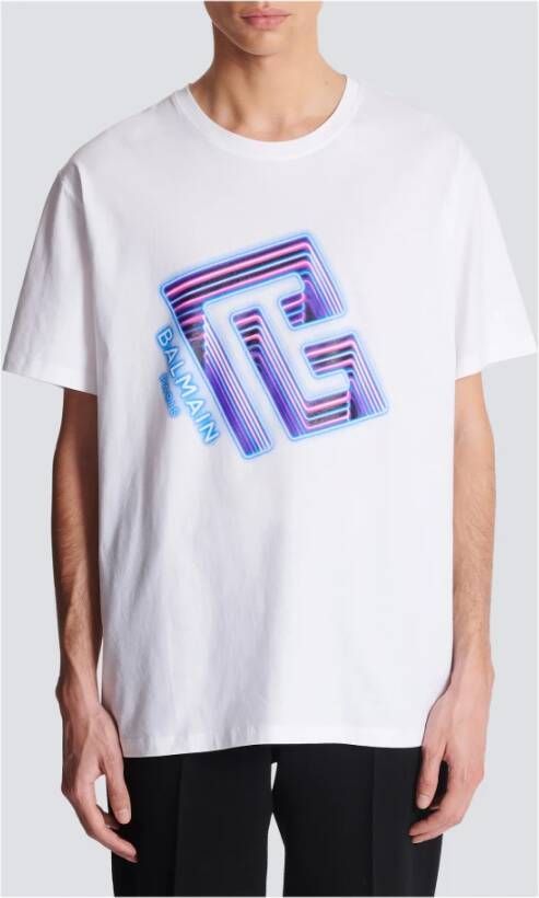 Balmain Neon logo T-shirt Wit Heren