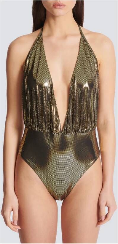 Balmain Draped metallic swimsuit Geel Dames