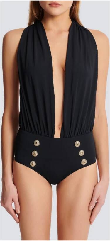 Balmain Draped swimsuit with embossed buttons Zwart Dames