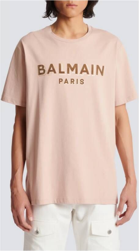 Balmain Oversized flock logo T-shirt Bruin Heren